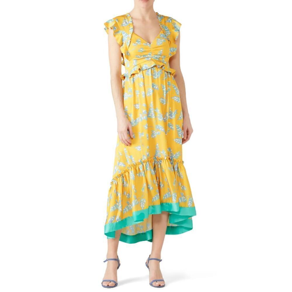 Three Floor Lemonana Dress Yellow Aqua Print Ruffle Flutter Sleeve Midi US 4